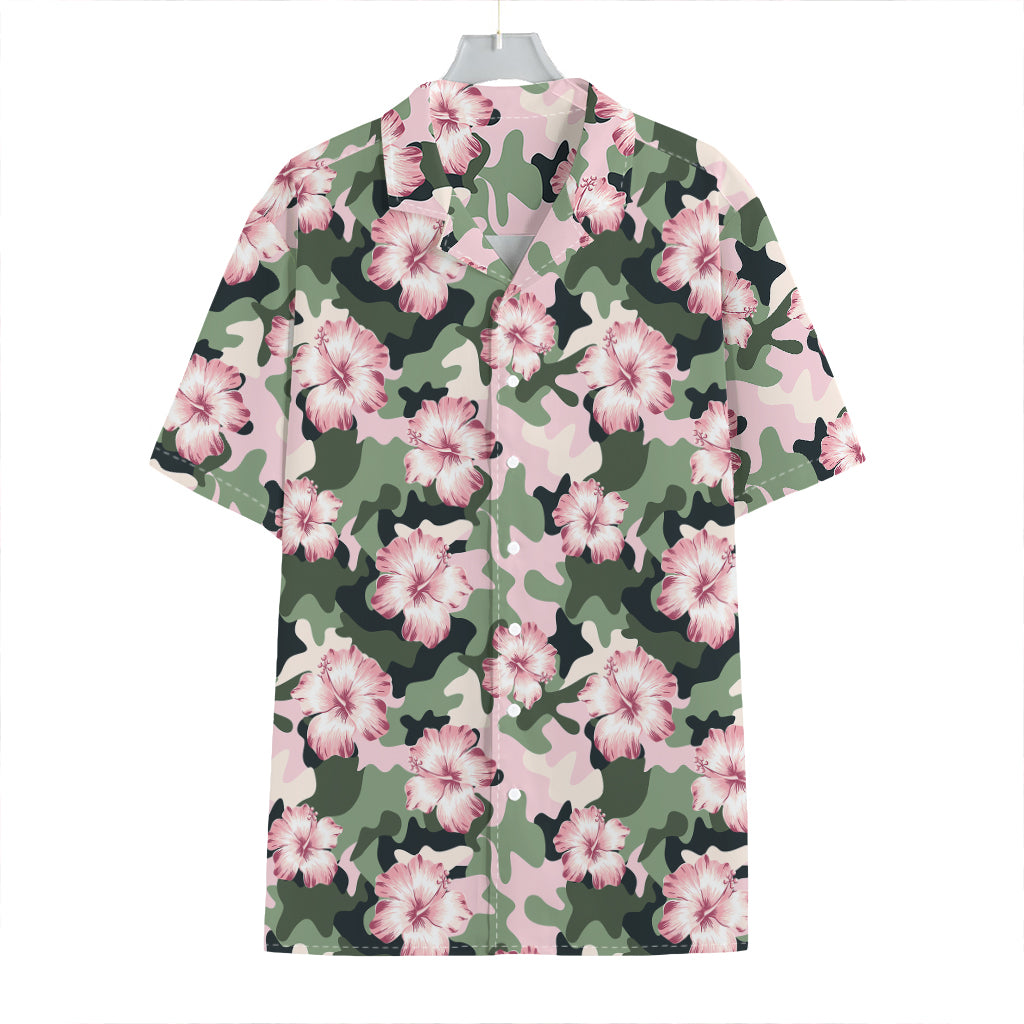 Pink Hibiscus Flower Camouflage Print Hawaiian Shirt