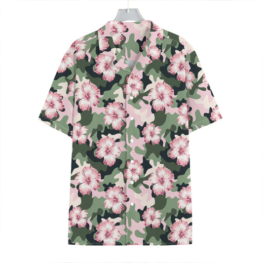 Pink Hibiscus Flower Camouflage Print Hawaiian Shirt