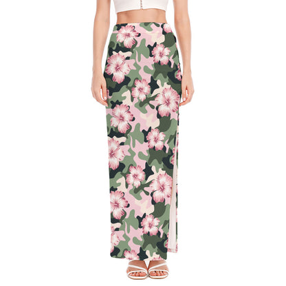 Pink Hibiscus Flower Camouflage Print High Slit Maxi Skirt