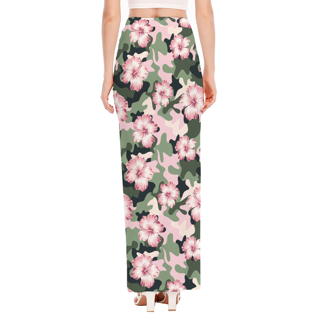 Pink Hibiscus Flower Camouflage Print High Slit Maxi Skirt