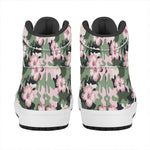 Pink Hibiscus Flower Camouflage Print High Top Leather Sneakers