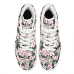 Pink Hibiscus Flower Camouflage Print High Top Leather Sneakers