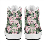 Pink Hibiscus Flower Camouflage Print High Top Leather Sneakers