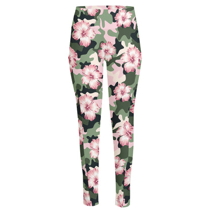 Pink Hibiscus Flower Camouflage Print High-Waisted Pocket Leggings