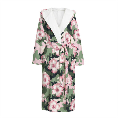 Pink Hibiscus Flower Camouflage Print Hooded Bathrobe