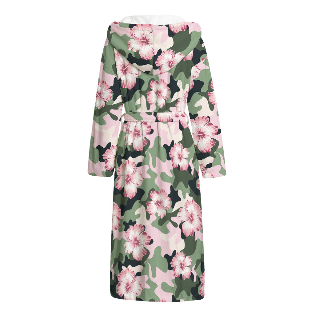Pink Hibiscus Flower Camouflage Print Hooded Bathrobe
