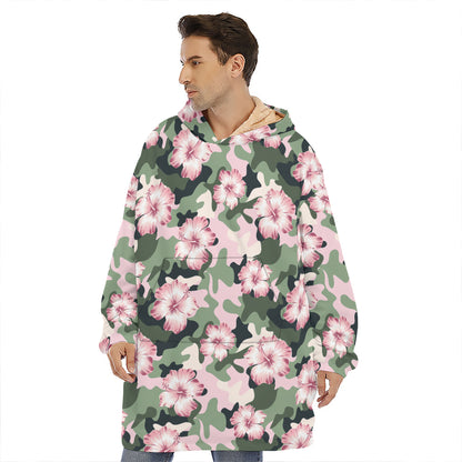 Pink Hibiscus Flower Camouflage Print Hoodie Blanket