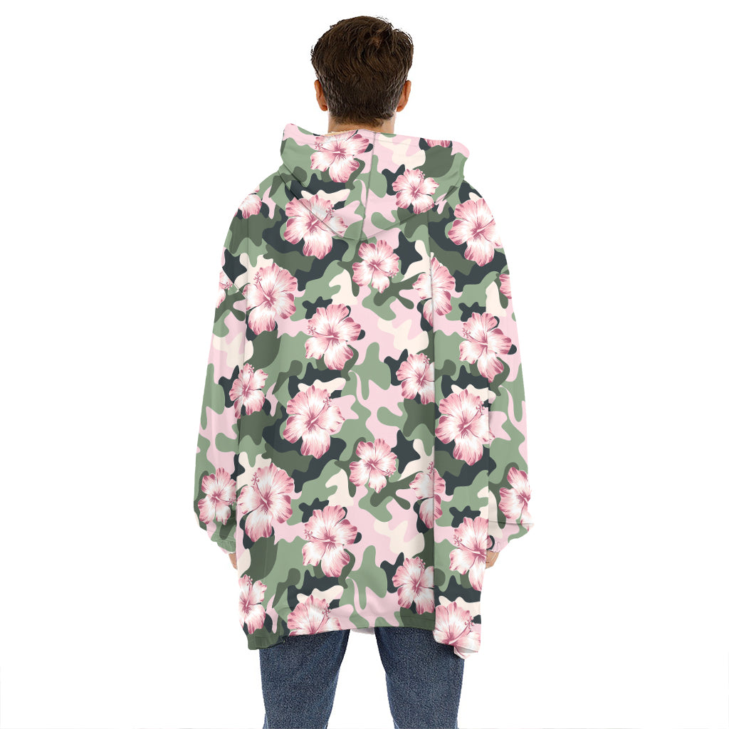 Pink Hibiscus Flower Camouflage Print Hoodie Blanket