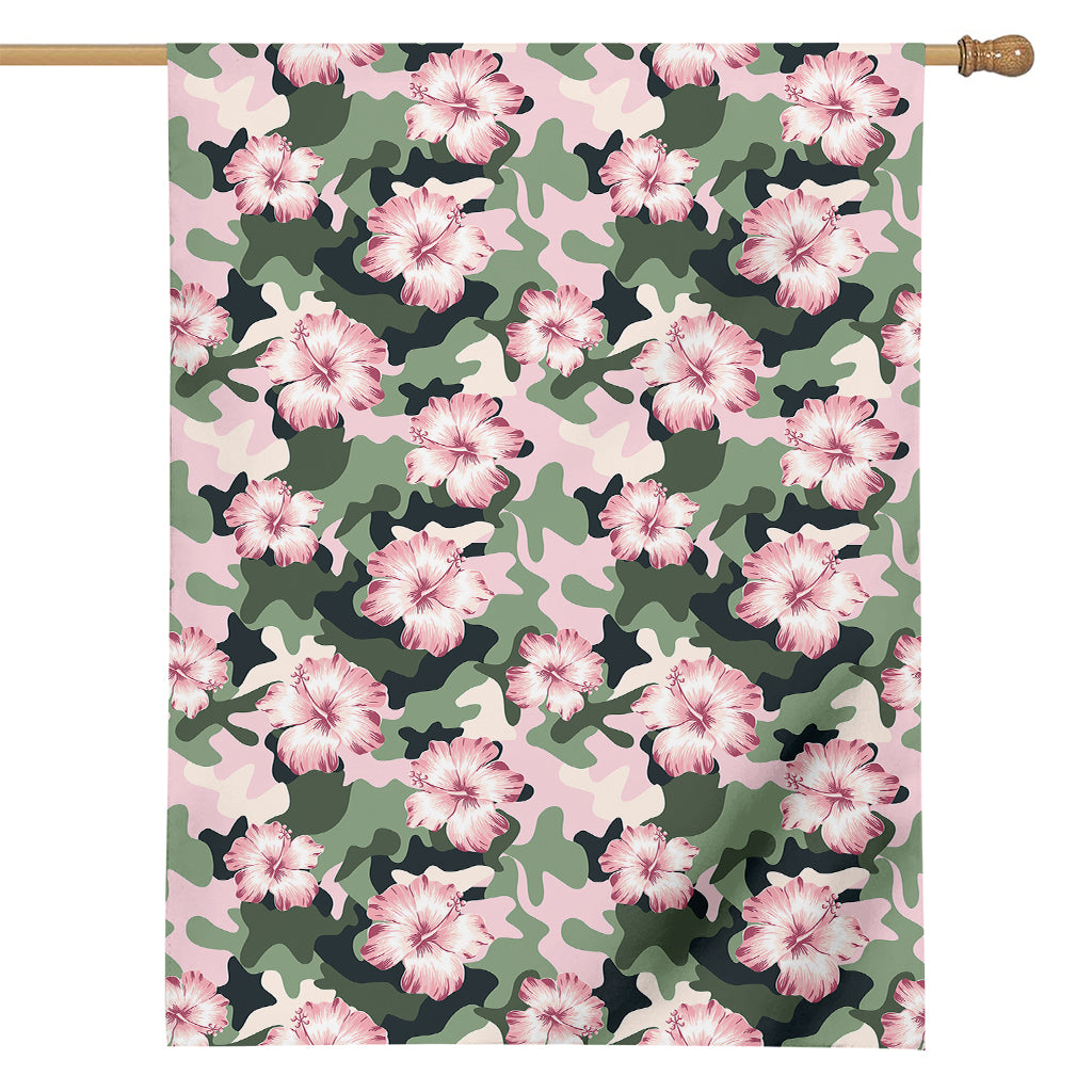 Pink Hibiscus Flower Camouflage Print House Flag