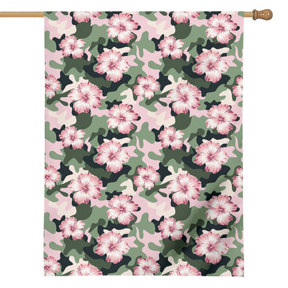 Pink Hibiscus Flower Camouflage Print House Flag