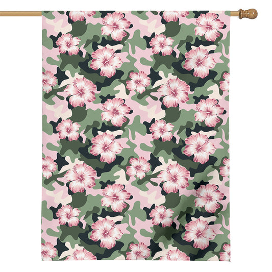 Pink Hibiscus Flower Camouflage Print House Flag
