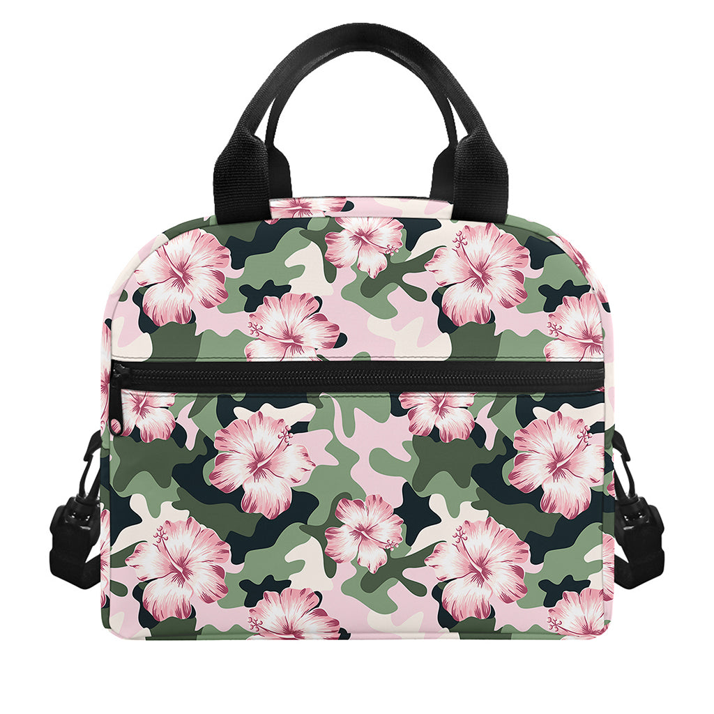 Pink Hibiscus Flower Camouflage Print Insulated Lunch Bag