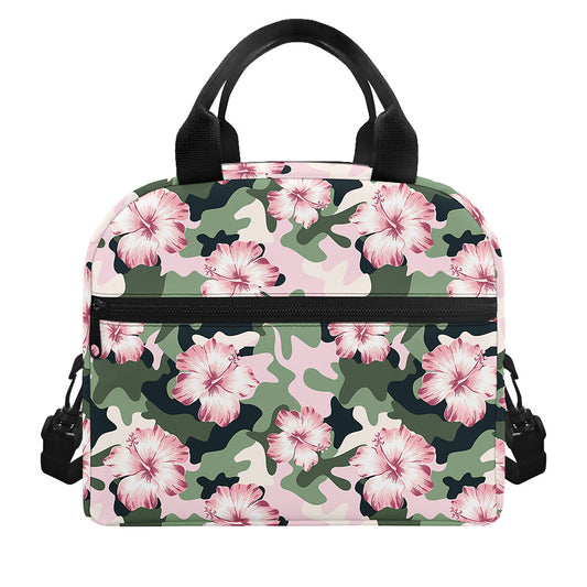Pink Hibiscus Flower Camouflage Print Insulated Lunch Bag