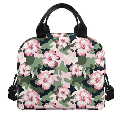 Pink Hibiscus Flower Camouflage Print Insulated Lunch Bag