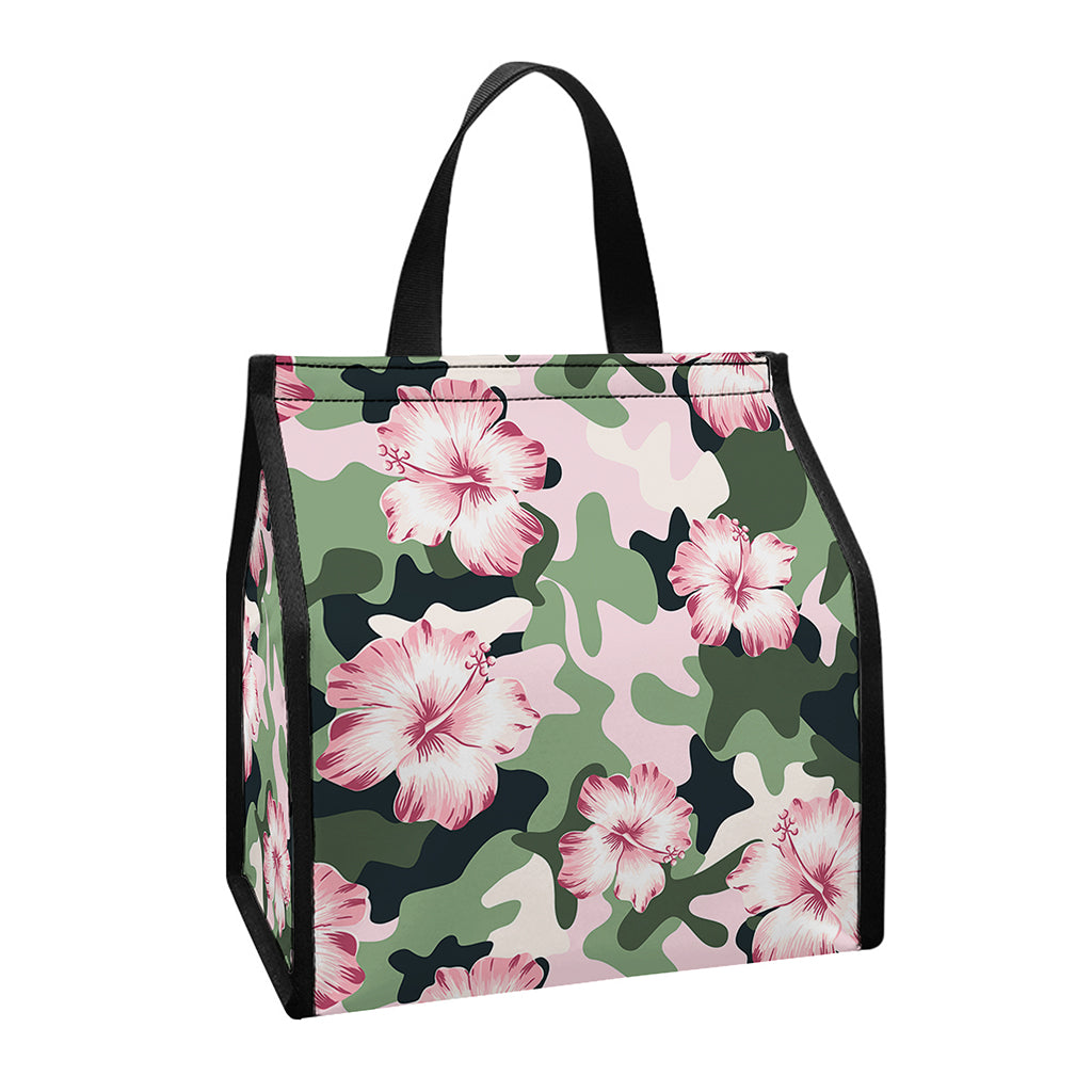Pink Hibiscus Flower Camouflage Print Insulated Lunch Tote