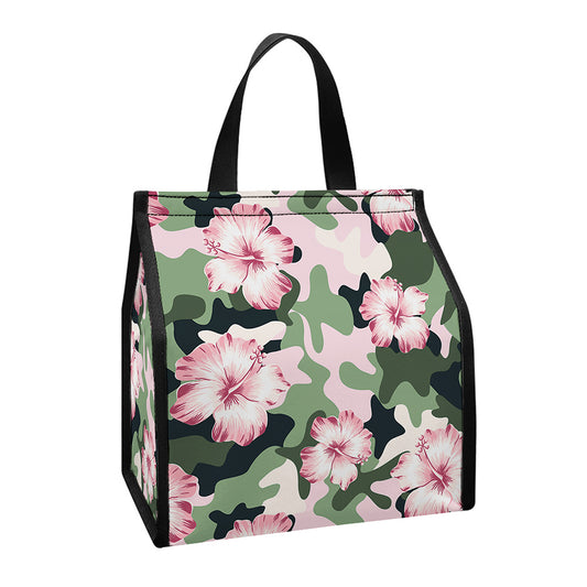 Pink Hibiscus Flower Camouflage Print Insulated Lunch Tote