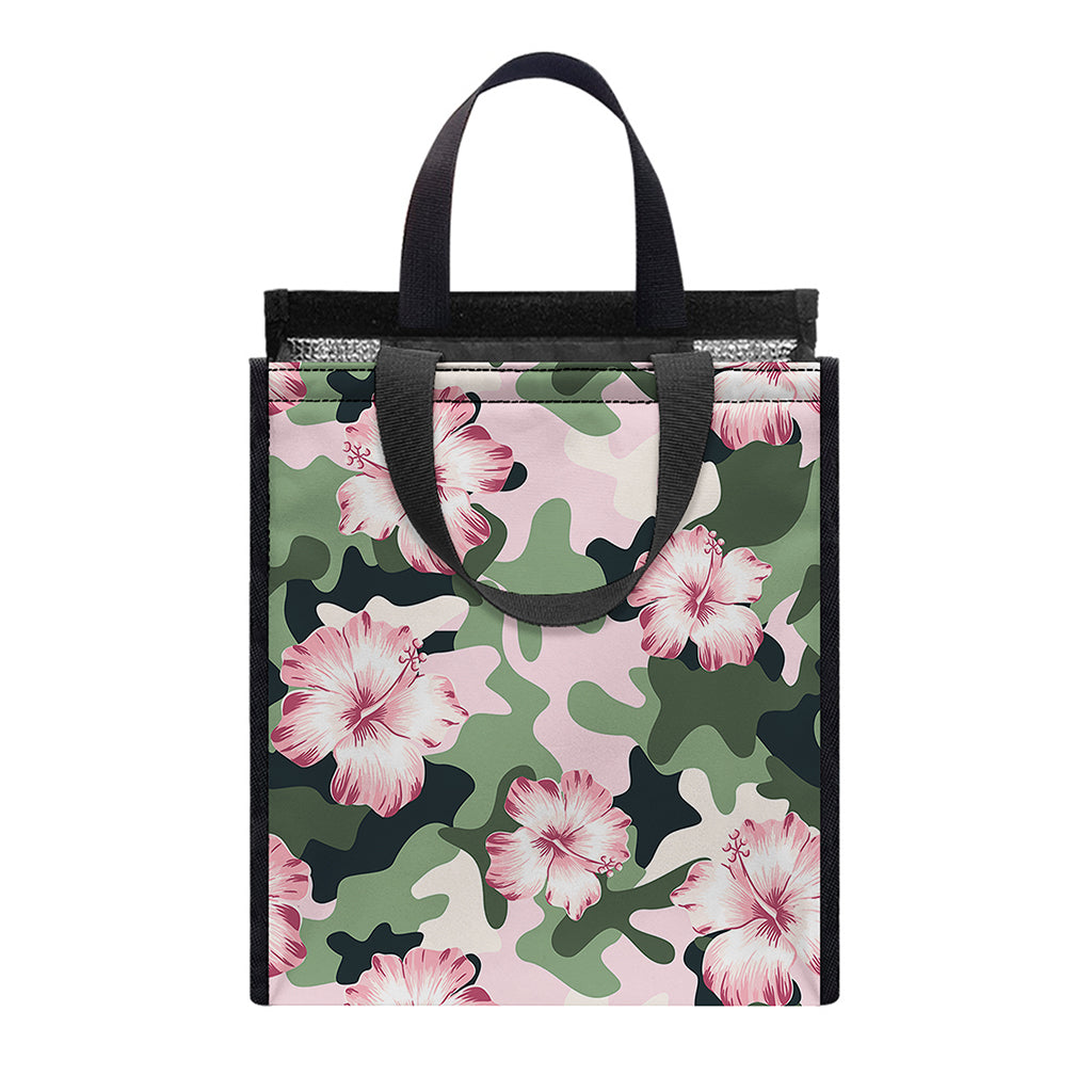 Pink Hibiscus Flower Camouflage Print Insulated Lunch Tote