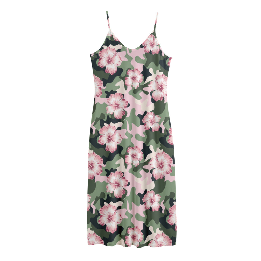 Pink Hibiscus Flower Camouflage Print Jersey Midi Cami Dress