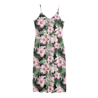 Pink Hibiscus Flower Camouflage Print Jersey Midi Cami Dress