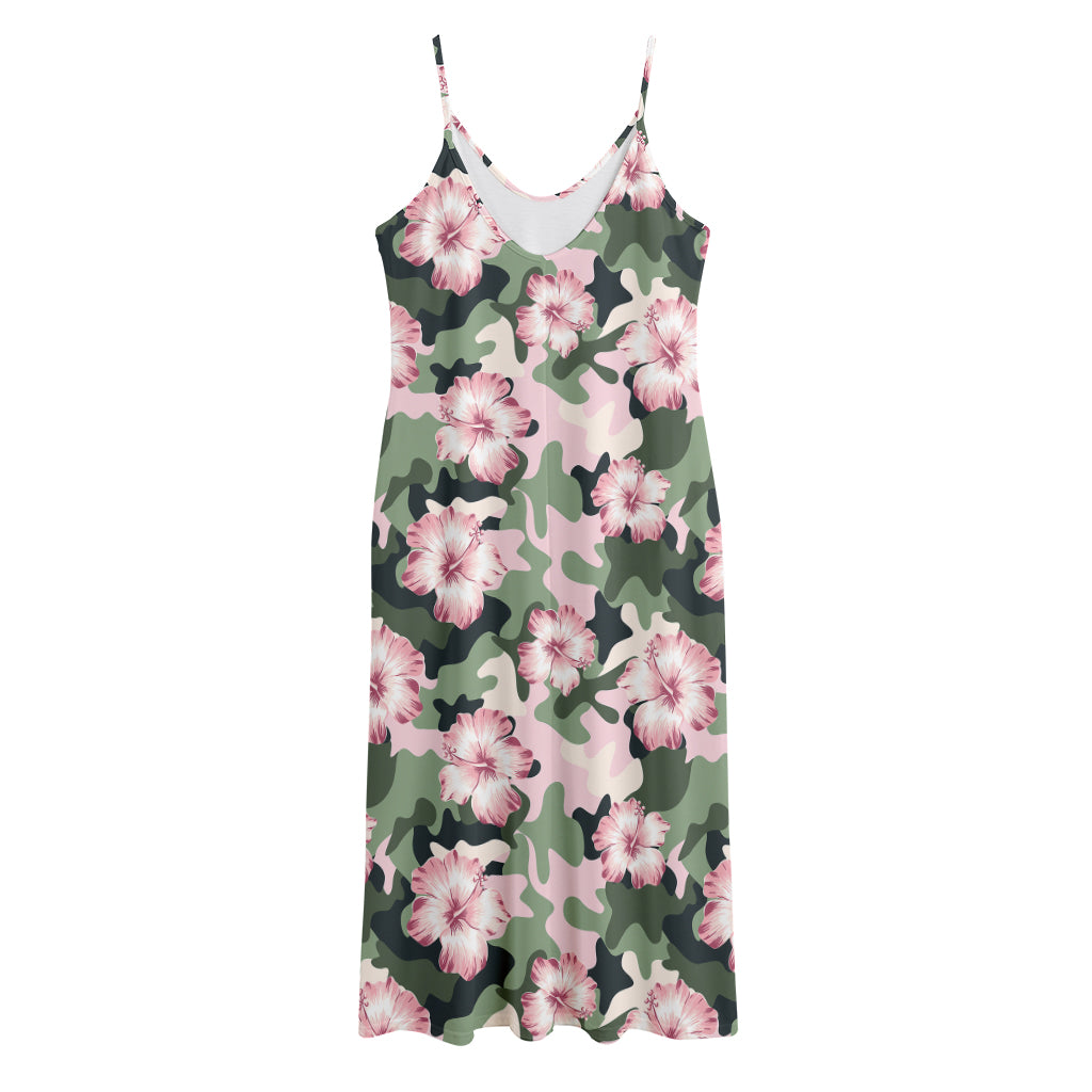 Pink Hibiscus Flower Camouflage Print Jersey Midi Cami Dress