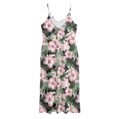 Pink Hibiscus Flower Camouflage Print Jersey Midi Cami Dress