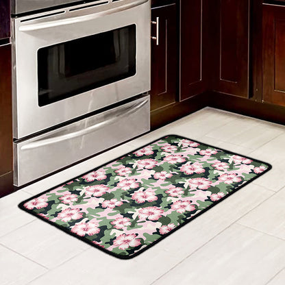 Pink Hibiscus Flower Camouflage Print Kitchen Mat