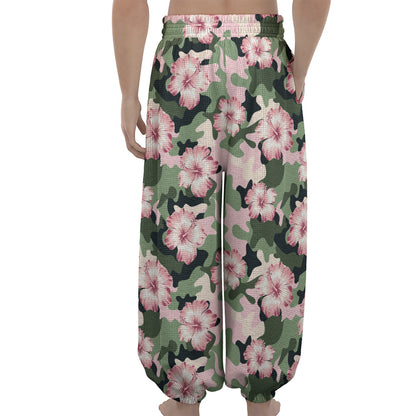 Pink Hibiscus Flower Camouflage Print Lantern Pants