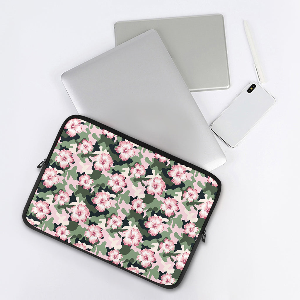 Pink Hibiscus Flower Camouflage Print Laptop Sleeve
