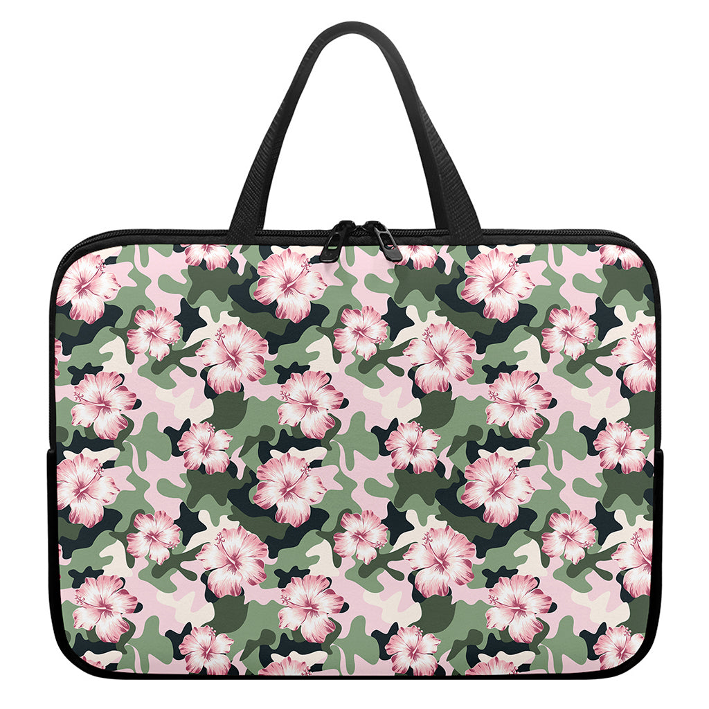 Pink Hibiscus Flower Camouflage Print Laptop Sleeve With Handle