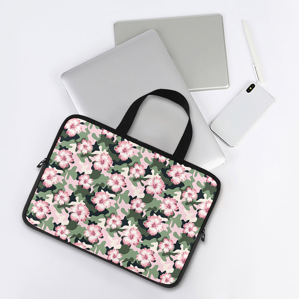 Pink Hibiscus Flower Camouflage Print Laptop Sleeve With Handle