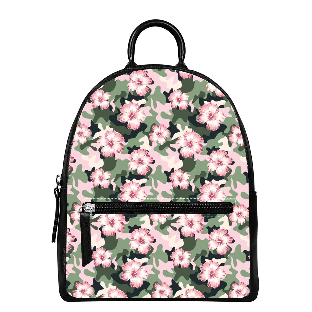 Pink Hibiscus Flower Camouflage Print Leather Backpack