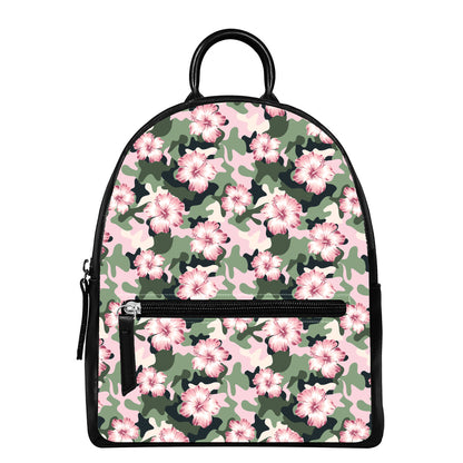 Pink Hibiscus Flower Camouflage Print Leather Backpack