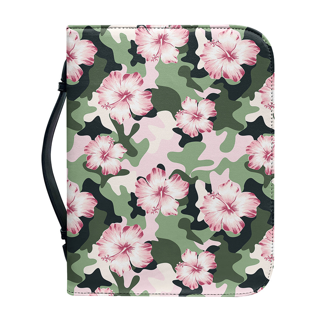Pink Hibiscus Flower Camouflage Print Leather Bible Cover
