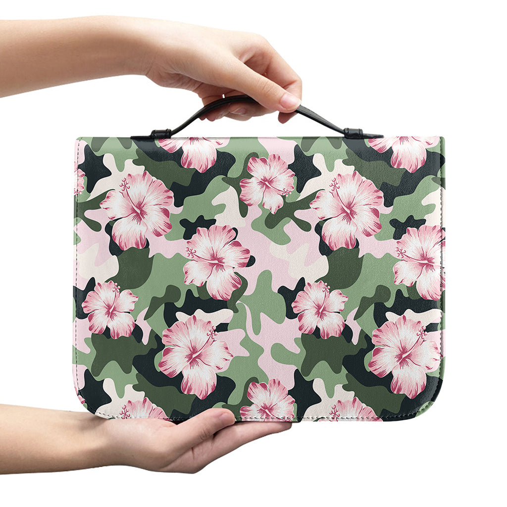 Pink Hibiscus Flower Camouflage Print Leather Bible Cover
