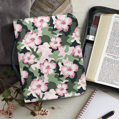 Pink Hibiscus Flower Camouflage Print Leather Bible Cover