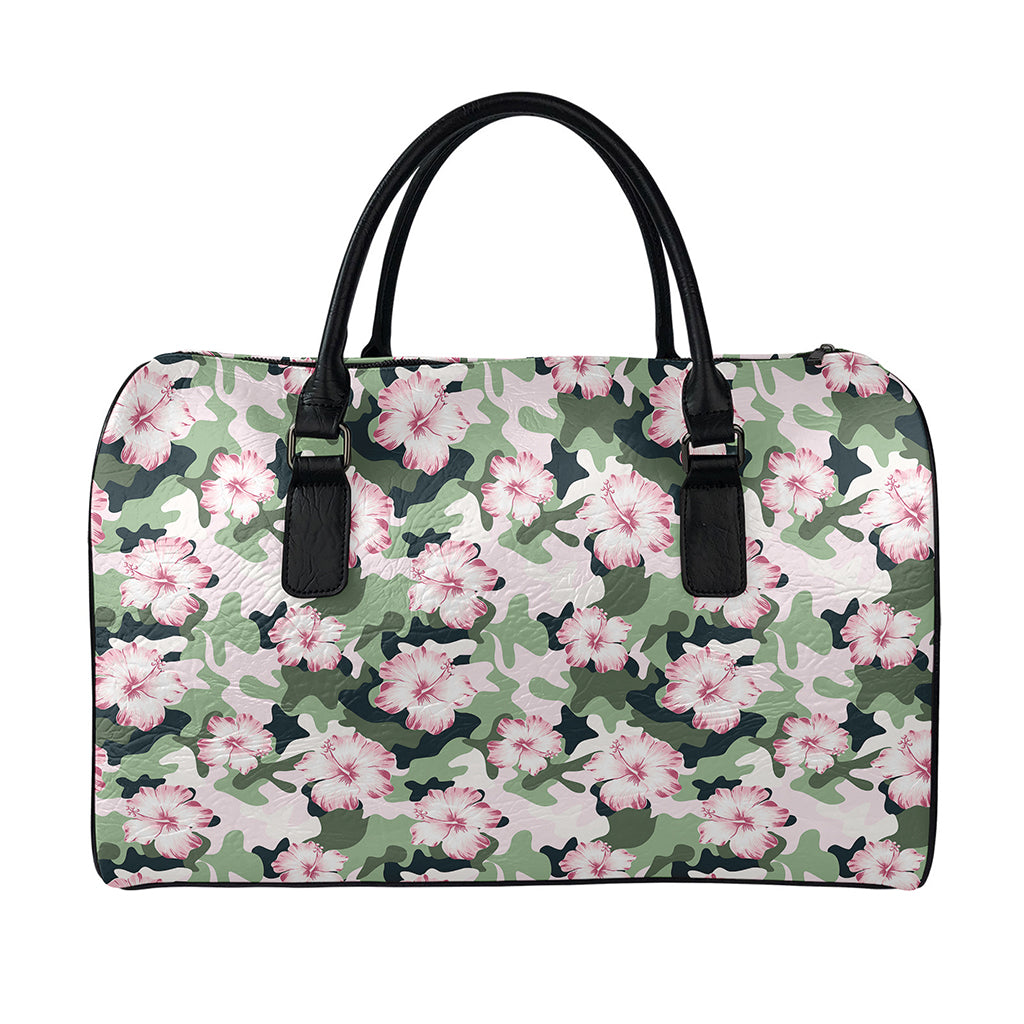 Pink Hibiscus Flower Camouflage Print Leather Duffle Bag