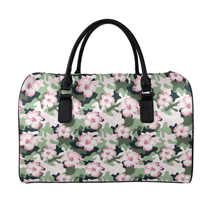 Pink Hibiscus Flower Camouflage Print Leather Duffle Bag
