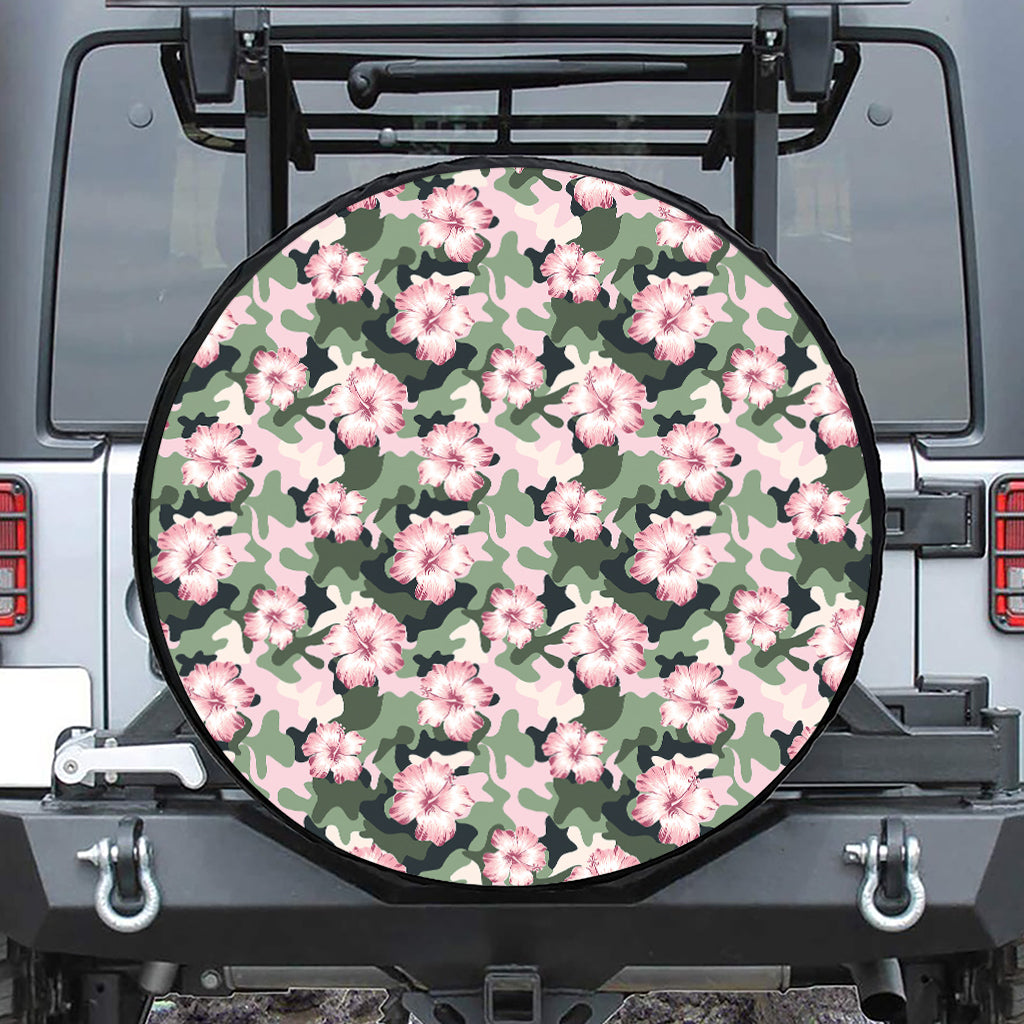 Pink Hibiscus Flower Camouflage Print Leather Spare Tire Cover