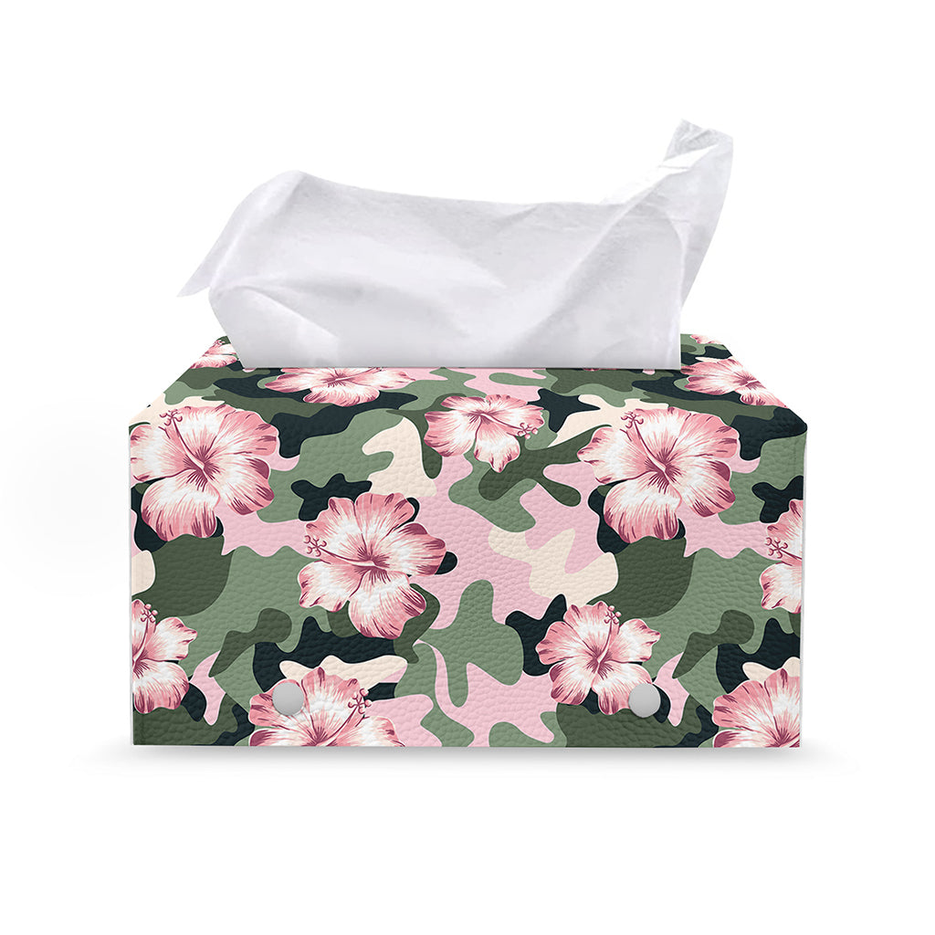 Pink Hibiscus Flower Camouflage Print Leather Tissue Box Cover