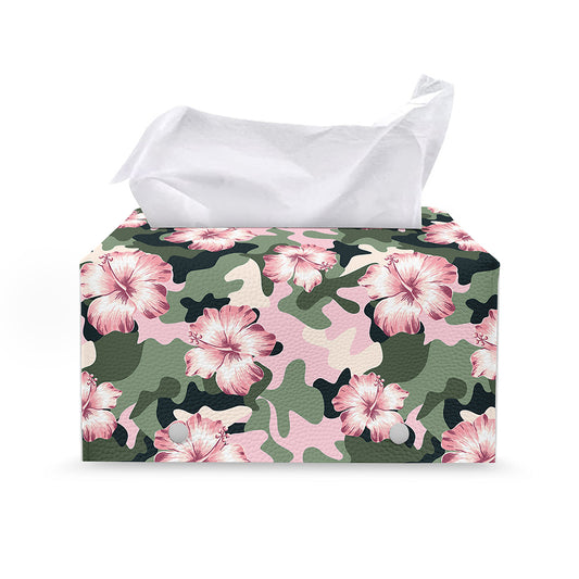 Pink Hibiscus Flower Camouflage Print Leather Tissue Box Cover