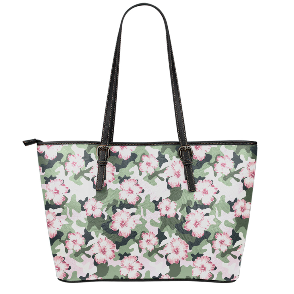 Pink Hibiscus Flower Camouflage Print Leather Tote Bag
