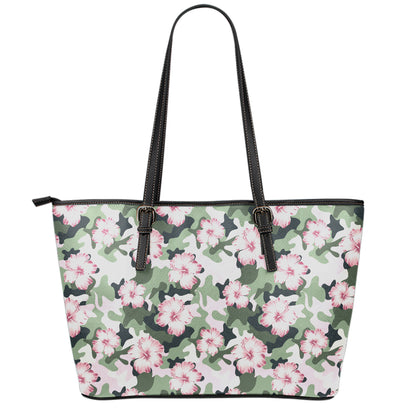 Pink Hibiscus Flower Camouflage Print Leather Tote Bag