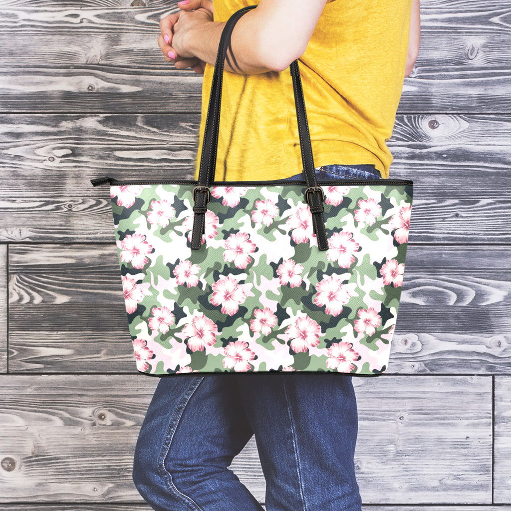 Pink Hibiscus Flower Camouflage Print Leather Tote Bag