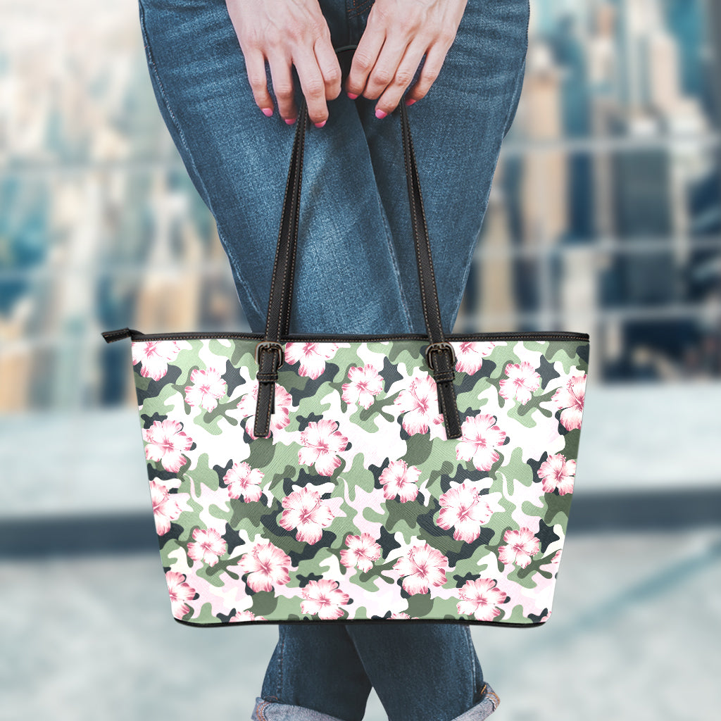 Pink Hibiscus Flower Camouflage Print Leather Tote Bag