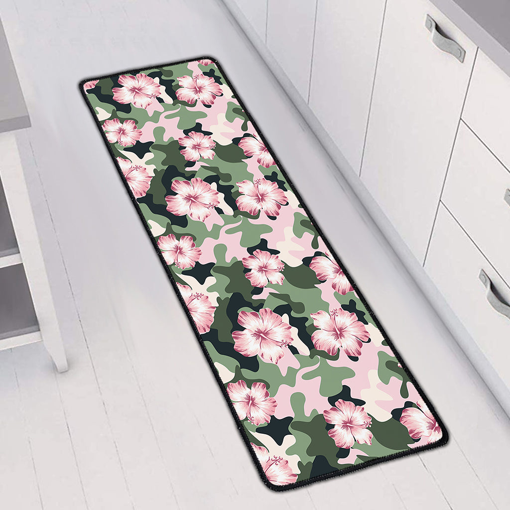 Pink Hibiscus Flower Camouflage Print Long Kitchen Mat
