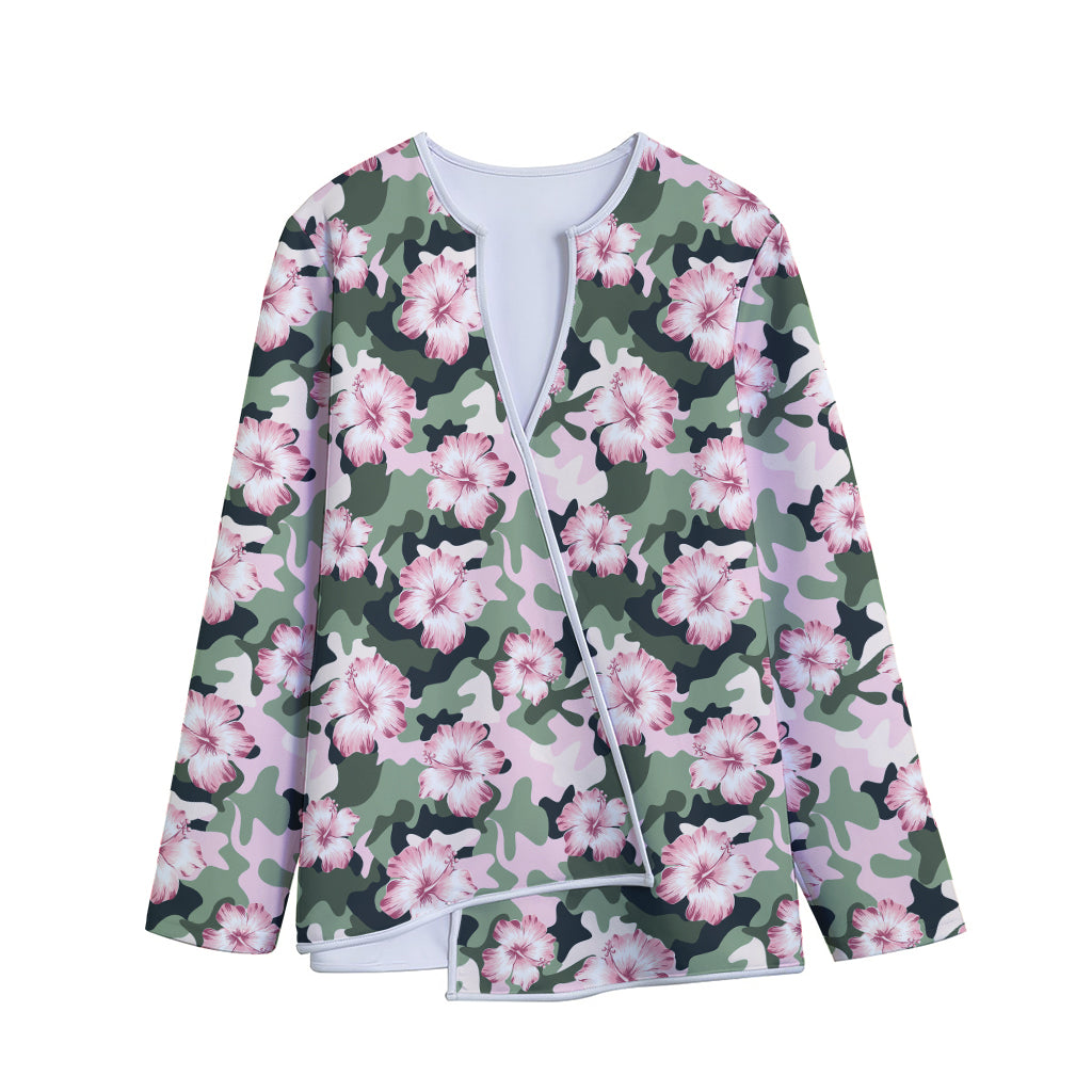 Pink Hibiscus Flower Camouflage Print Long Sleeve Short Coat