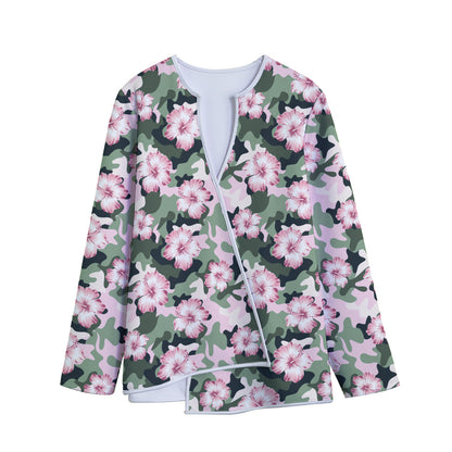 Pink Hibiscus Flower Camouflage Print Long Sleeve Short Coat
