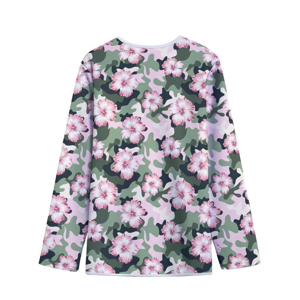 Pink Hibiscus Flower Camouflage Print Long Sleeve Short Coat