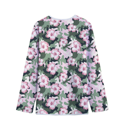 Pink Hibiscus Flower Camouflage Print Long Sleeve Short Coat