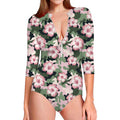Pink Hibiscus Flower Camouflage Print Long Sleeve Swimsuit